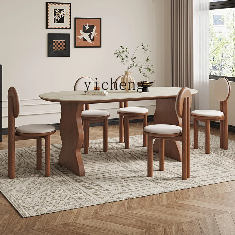 ZC Stone Plate Dining Tables and Chairs Set Vintage round Table Walnut Solid Wood Cave Stone Dining Table