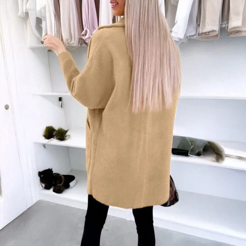 Cappotto da pendolare in tinta unita da donna casual Temperamento Cardigan di lana con tasca allentata semplice Cappotto di pelliccia a maniche lunghe con risvolto alla moda