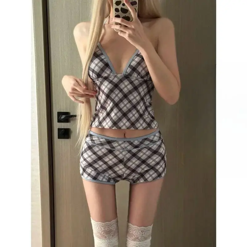 2026 Vintage Checkered High Waisted Two Piece Bikini Set Women Push Up Tummy Control Teen Swimsuit Swimwear Beach Shorts Set New