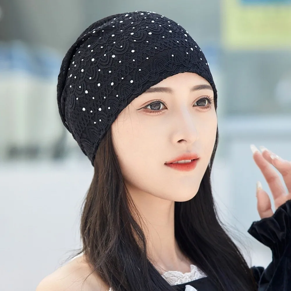 

Casual Soft Lace Beanie Hats Ethnic Style Rhinestones Warm Bonnet Caps Windproof Breathable Hijab Turban Cap Outdoor