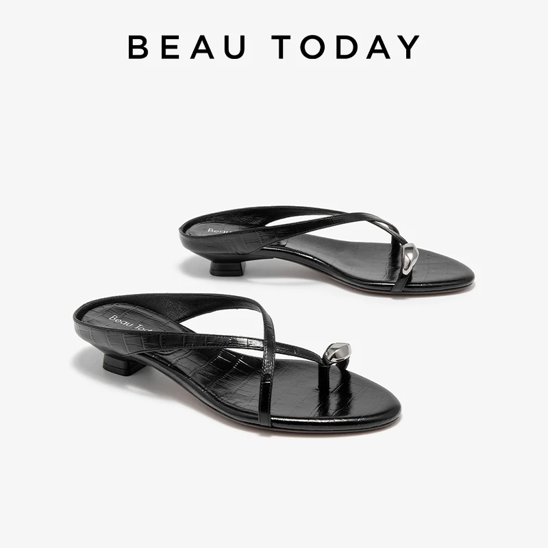 BEAUTODAY Fashion Sandals Women Genuine Cow Leather Solid Color Open Toe Square Heel Shallow Ladies Shoes Handmade 35131