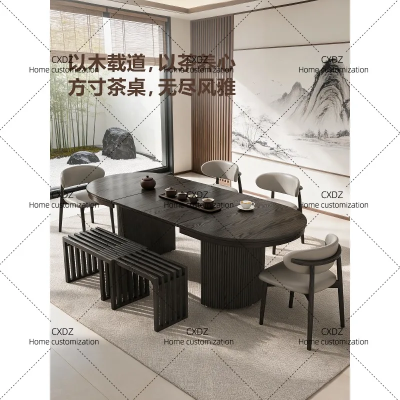 Light luxury black all solid wood retractable dining table large flat dining room foldable deformation oval dining table