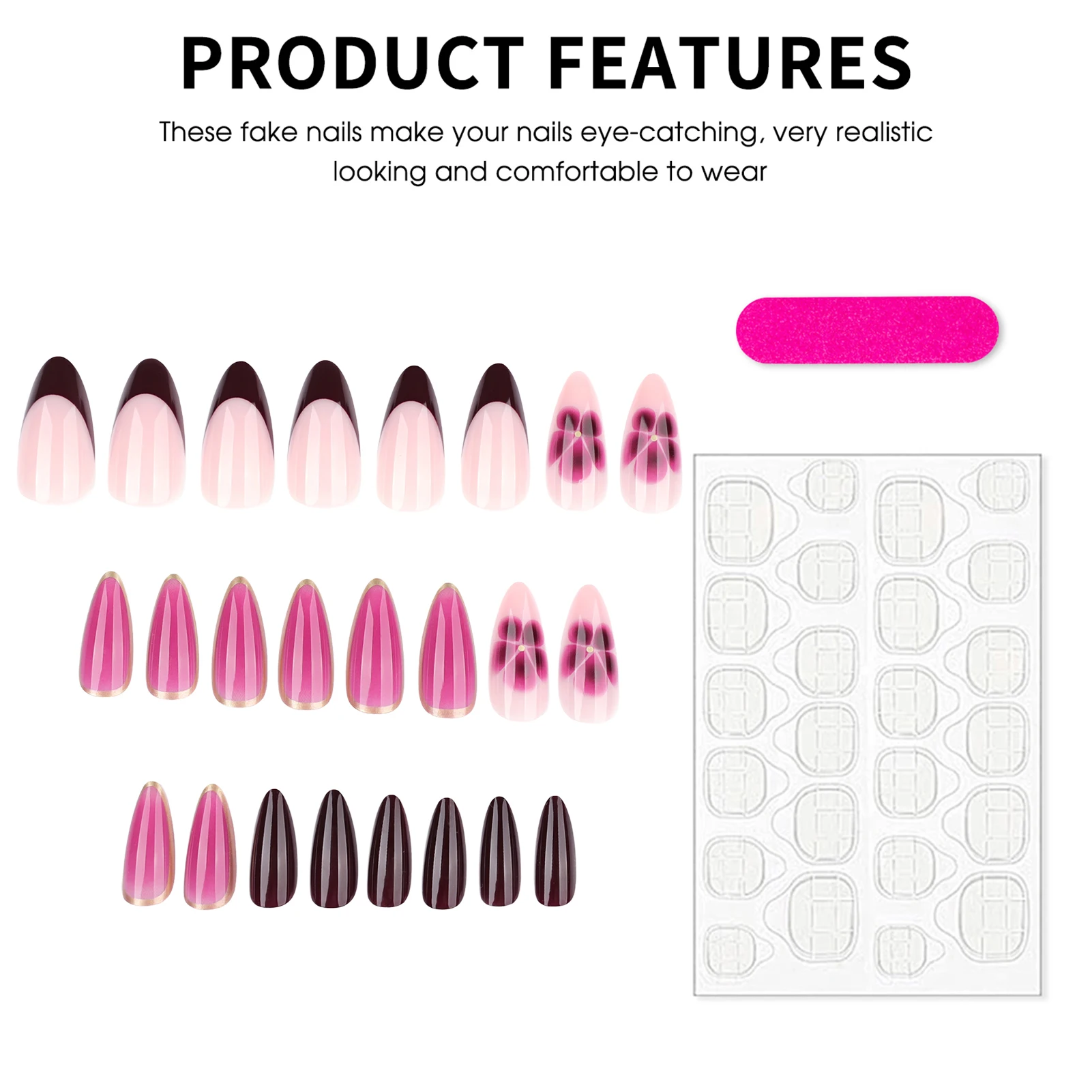 Rose Rose amande faux ongles 24 pièces rouge foncé français presse sur ongles fleur imprimé épicé filles charme manucure Stick-on faux ongles