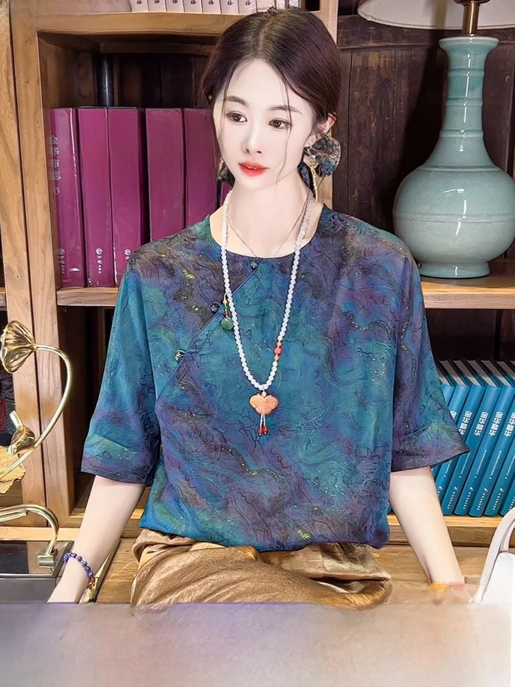 

Шелковая футболка женская летняя тонкая, круглая горловина, бесшовная, китайский стиль, тихий синий, дышащая, комфортная