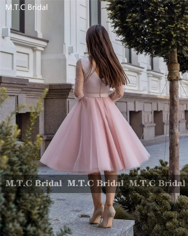 Vestidos de baile curto rosa mangas compridas uma linha tule com pérolas na altura do joelho vestidos de festa de casamento para mulher robe de soiree