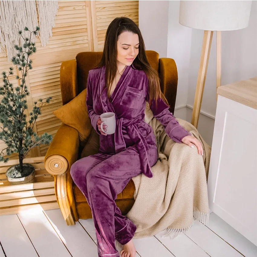 Velvet Women Kimono Bathrobe&Pajamas Set pants Winter Autumn Sleepwear Warm Velour Nightwear Long Sleeve Home Clothes Loungewear