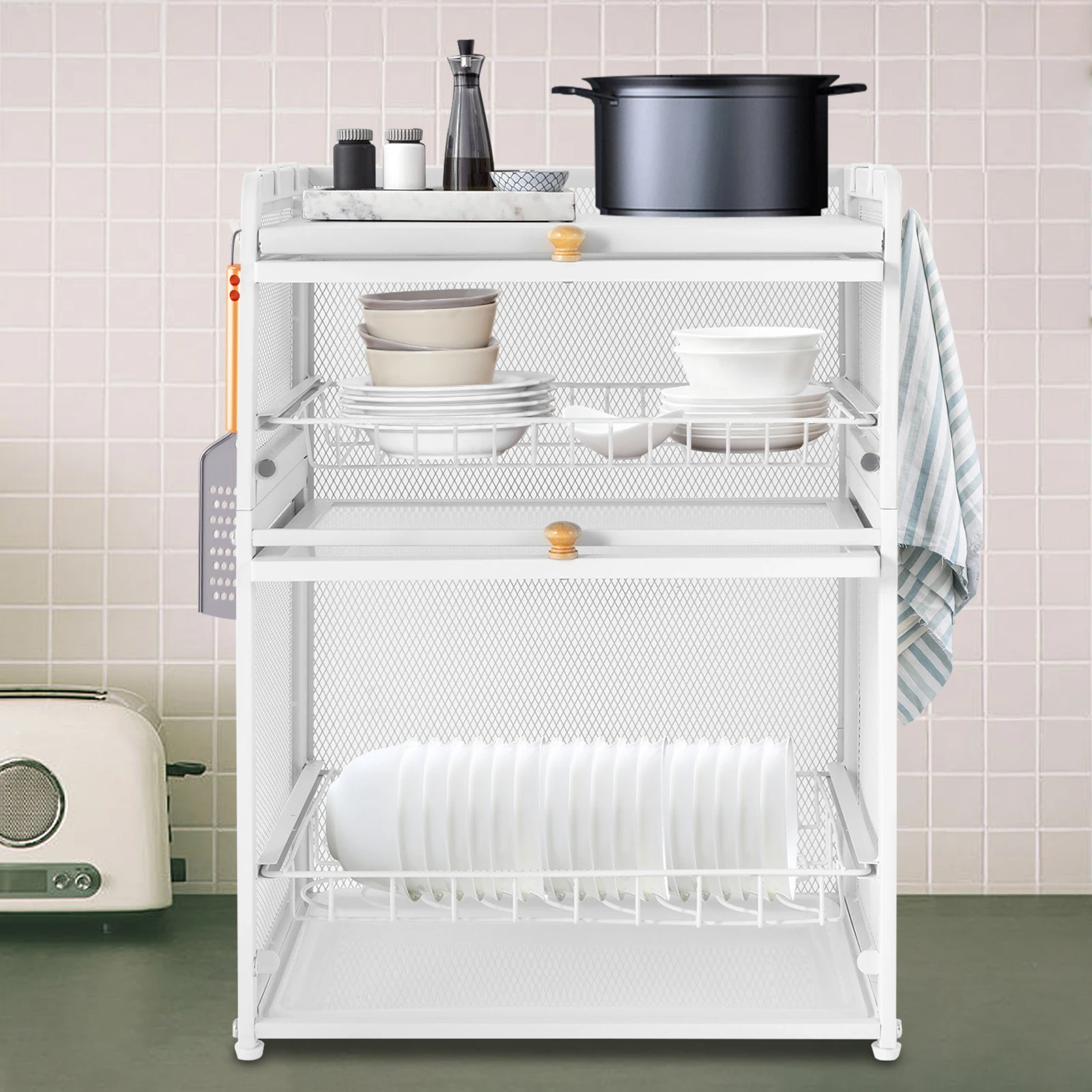 

3-Tier Dish Drying Rack Modern Houseware Dish Organizer Cutlery Drainer with Lid Cover for Placing Plates, Bowls, Pots, Towel