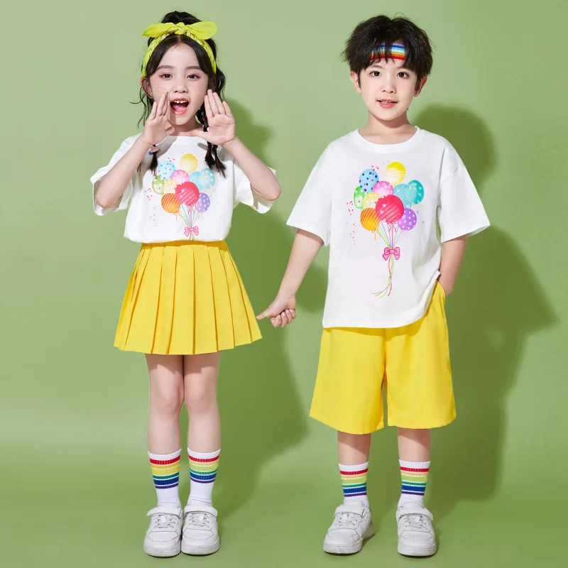 

Fashion Kid Hip Hop Yellow White Ballon Shirt Shorts Skirt Ballroom Dancing Costume 4 Girls Boys Jazz Dance Clothes Stage Outfit