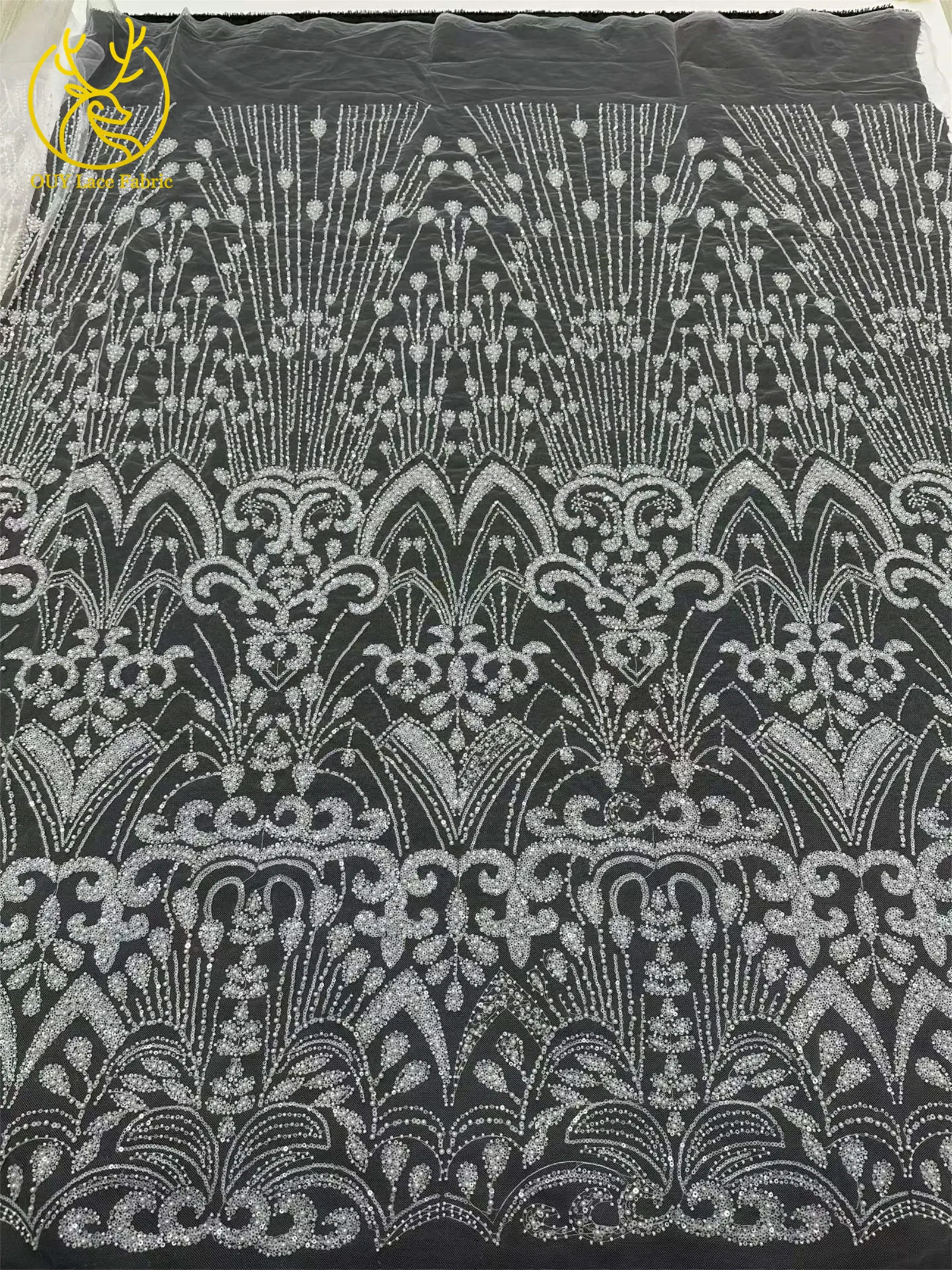 Goldener Luxus-Spitzenstoff mit Perlen und Pailletten, 5 Yards, afrikanischer Spitzenstoff, hochwertiger nigerianischer Netzspitzenstoff für Partykleider und Näharbeiten – Detail 17