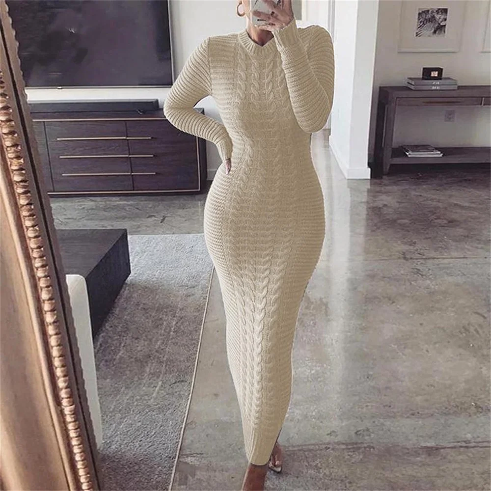 

Women Autumn Knitted Solid Long Dress O-Neck Long Sleeve Bodycon Midi Maxi Dresses Winter Thick Warm Elegant Streetwear