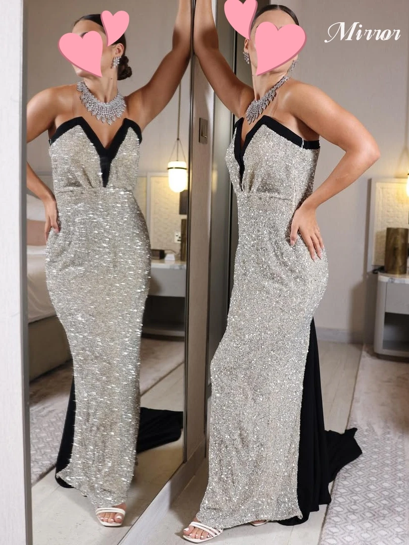 

Mirror Dress Elegant Vintage Sweet Silver Shiny Sequins Mermaid Sexy Customize Formal Occasion Prom Dress Evening Party Gowns