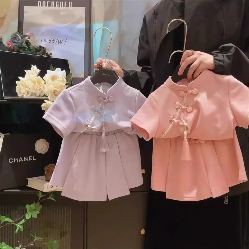 

ZLYM-модный милый наряд для девочек, новый летний комплект Hanfu в китайском стиле, новые шорты с короткими рукавами, комплект из двух предметов в национальном стиле