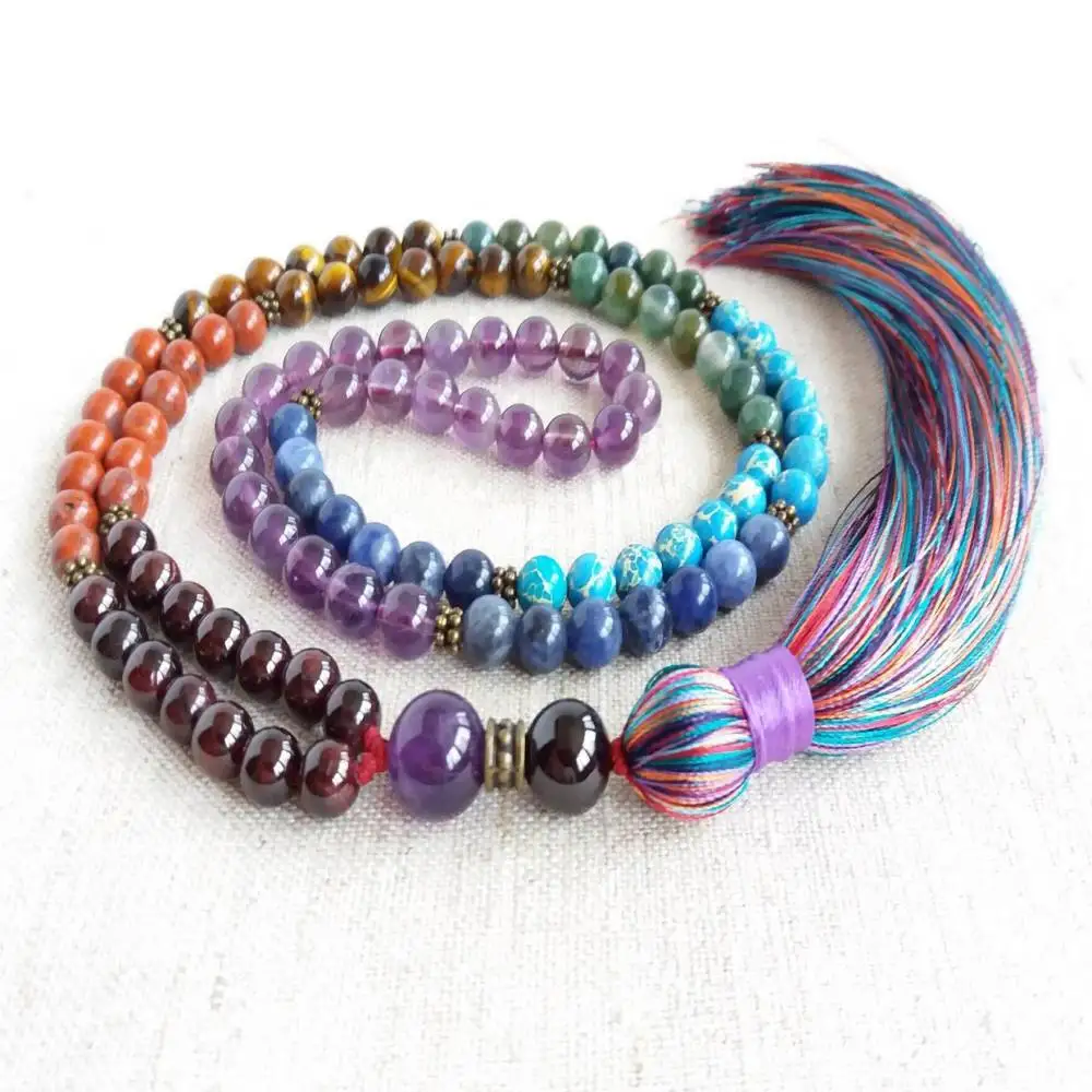 

Natural 7 Chakra Mixed Gemstone 108 Beads Mala Necklace with Colorful Tassel Healing Crystal Jewelry