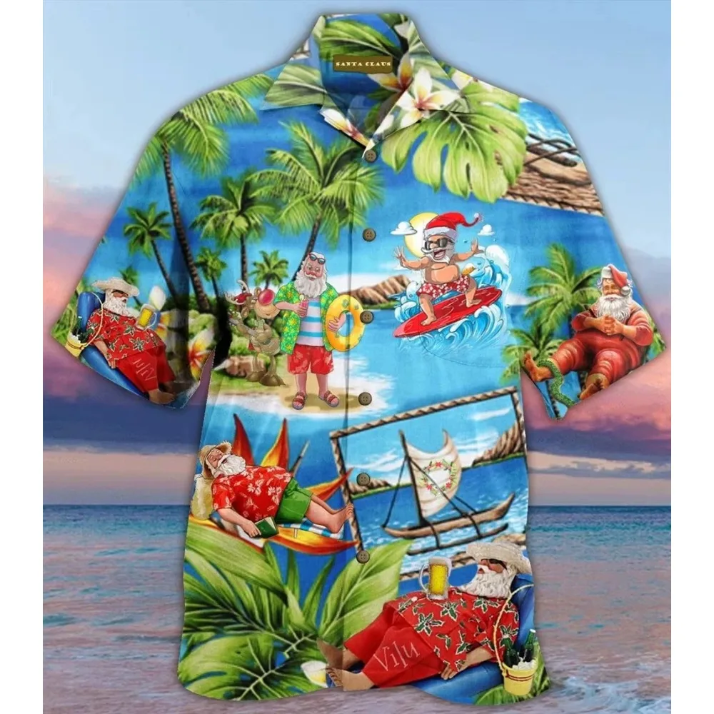 Mens Hawaiian Shirt Funny Santa Claus 3d Print Christmas Hawaiian Shirt Men Women Fashion Short Sleeve Shirts Beach Blouse Party