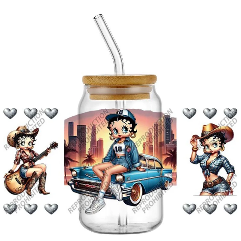 Vintage Pin-Up Girl UV DTF Wraps Retro Character Stickers for 16oz Glass Cans Waterproof DIY Transfer Decals