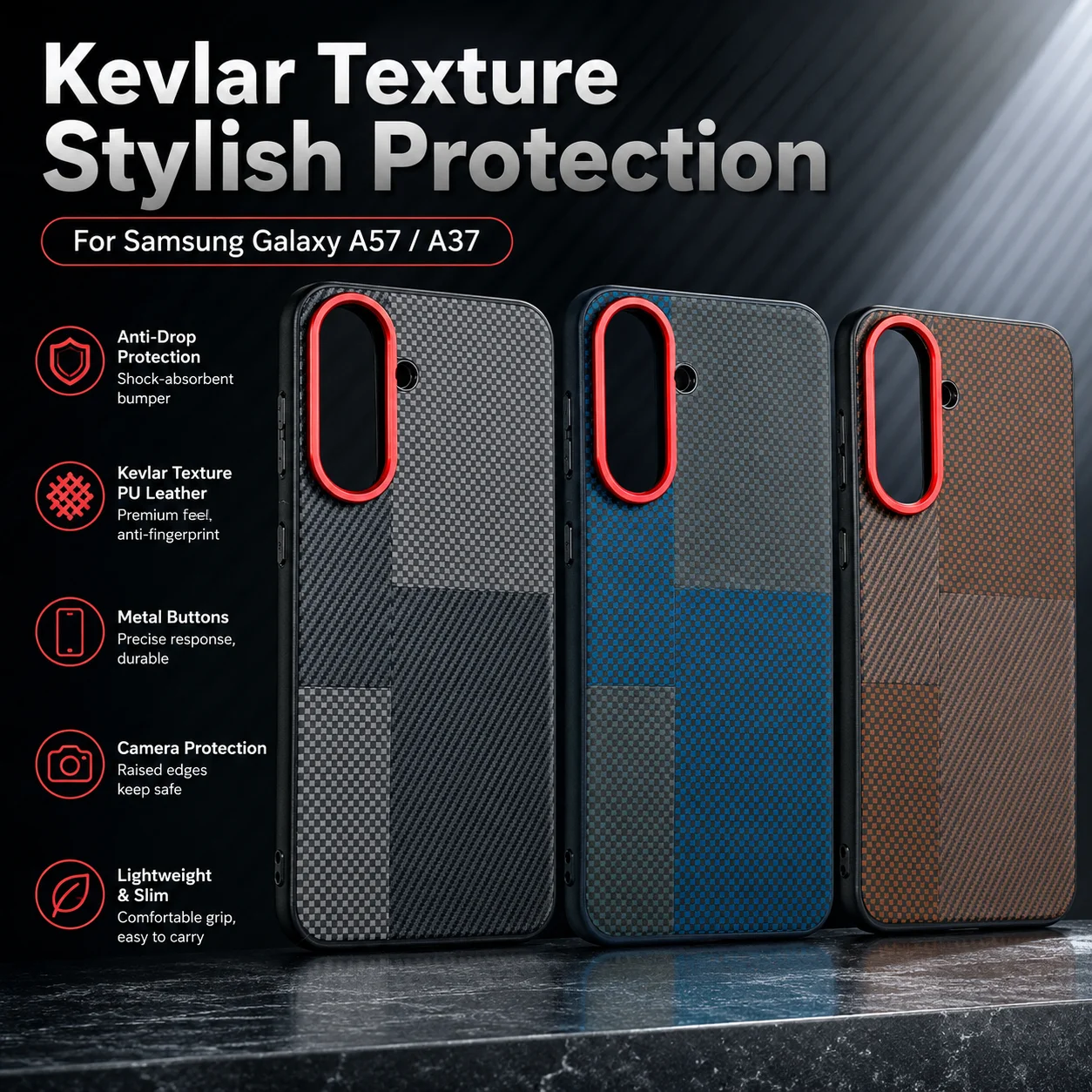 For Samsung Galaxy A57 A37 Case Stylish Kevlar Textured PU Leather Cover Metal Keys for Samsung Shockproof Bumper Funda