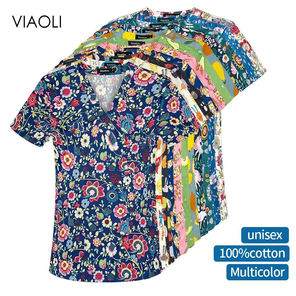 Flor Impresso Uniformes de Enfermeira para Mulheres, 100% Algodão Uniformes Médicos, Top V Neck Shirt, Camisa cirúrgica, Doctor Workwear, Scrub