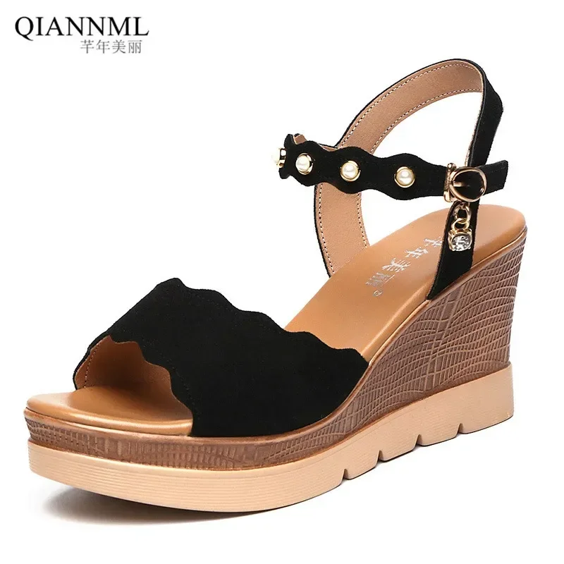 Small Size 32-43 Flock Pearl Buckle High Heels Platform Shoes Women Summer 2024 Elegant Office Beach Wedge Sandals