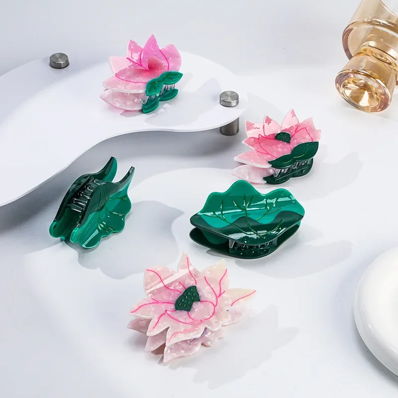 Refreshing World Style Hair Claw Lotus Flowers and Leaves Acetate Hair Claw Clips Shark Catch Hair Accessories for Women Girls