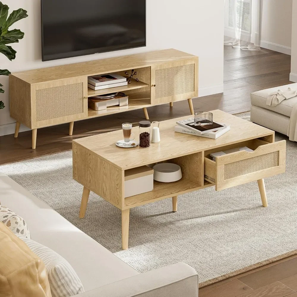

Coffee Table with Storage, Boho Dining Table with Rattan Drawer and Solid Wood Legs, Small Coffee Tables for Living Room
