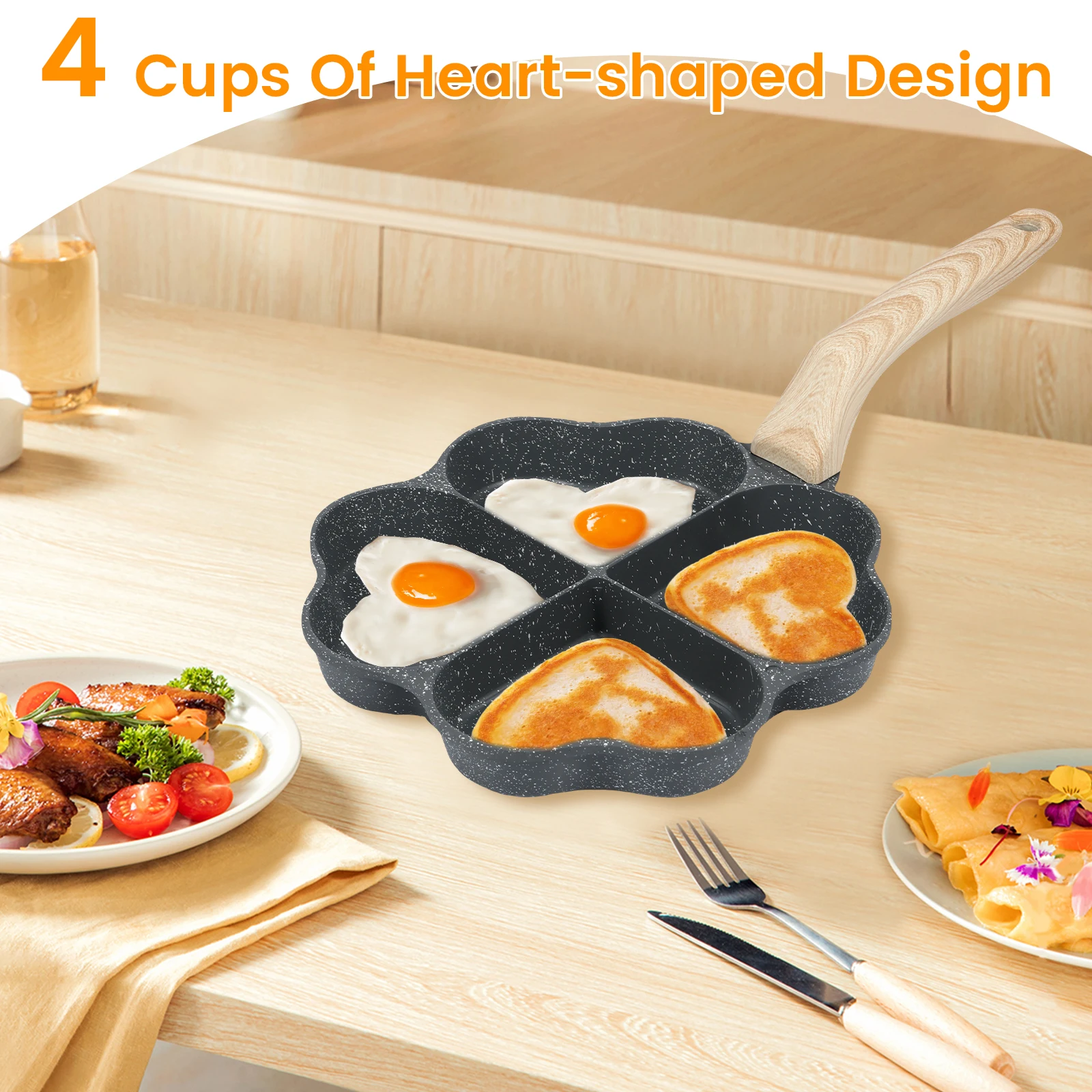 Egg Frying Pan 4-Cup Heart Omelette Pan Non-Stick Egg Skillet With Wooden Handle Aluminum Alloy Egg Cooker Pan For Breakfast