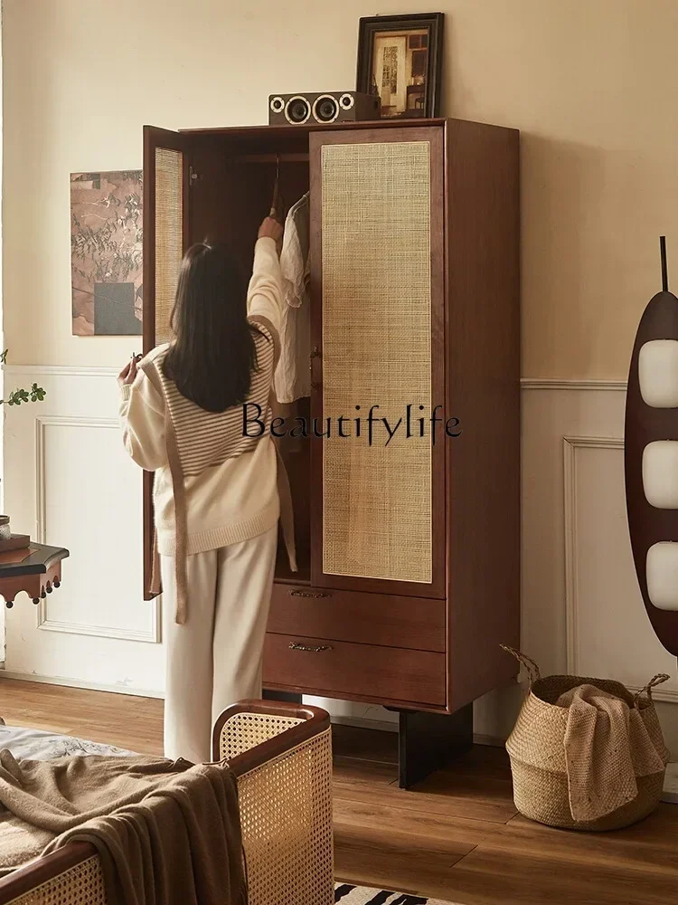 

Q S Nordic Retro Solid Wood Wardrobe Bedroom Double Door Storage Cabinet