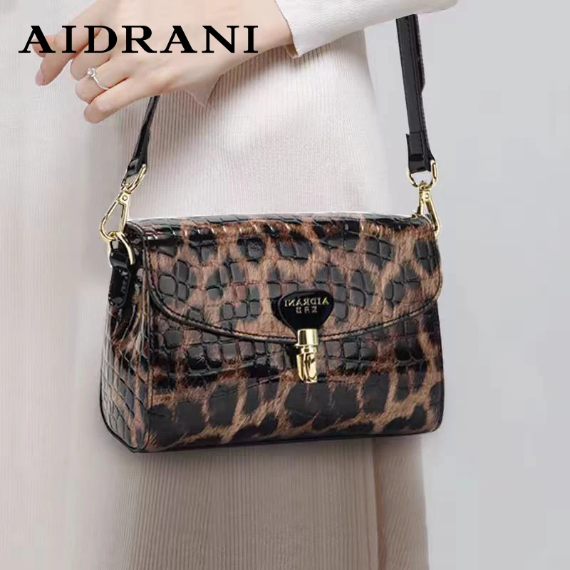 Aidrani New leopard print single shoulder crossbody women\'s bag, a small square bag made of high-quality cowhide