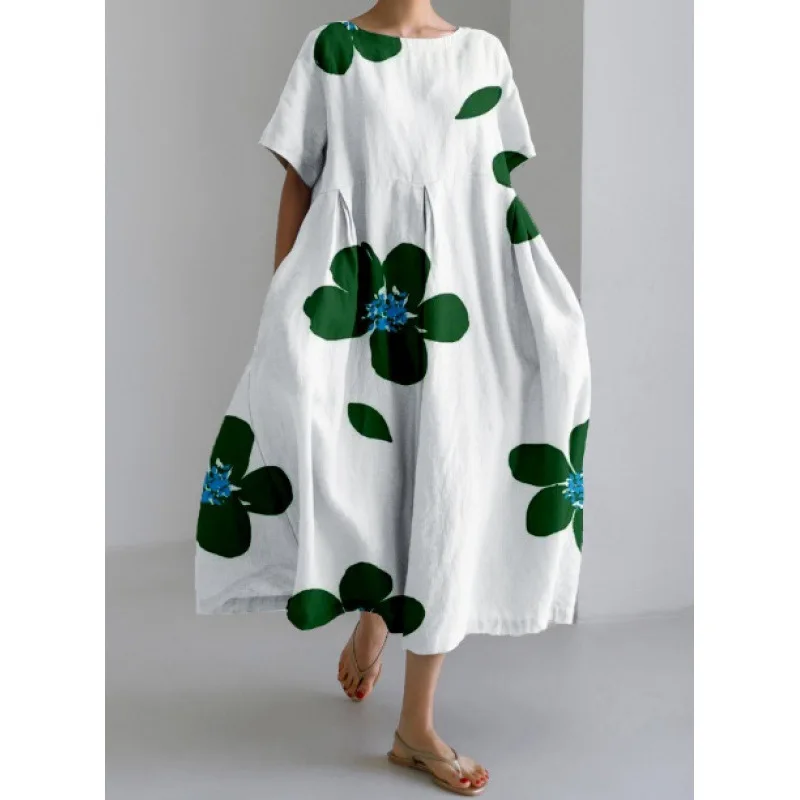 Fashion Lady Short Sleeve Big Swing Loose Maxi Dress Retro Women Flower Printing Pocket Dress O Neck Party Dressess Elegant Robe