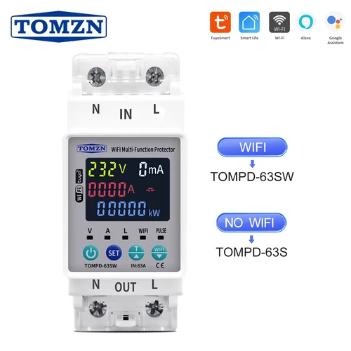 TOMZN 2P 63A 110V 220V TUYA WIFI interruptor inteligente Kwh temporizador de disyuntor de medición con corriente de voltaje y protección contra fugas