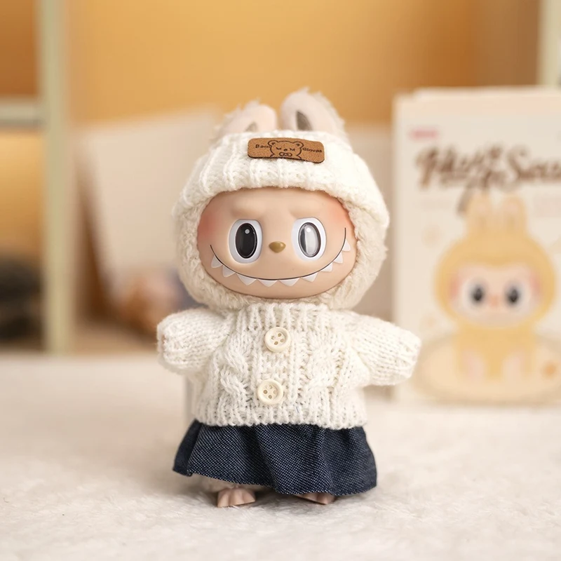 Dla 17cm V1/V2 Labubu ubrania strój Labubu siedząca impreza niedźwiedź etykieta szalik kapelusz sweter z guzikami spodenki dżinsowe akcesoria dla lalek