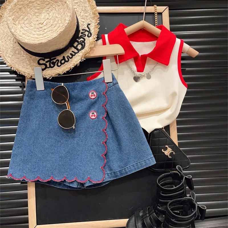 Children\'s Clothing Sets Lapel Sleeveless Top + Flip Cherry Embroidered Denim Shorts 2pcs Girls Clothes Set 2 To 7 Years