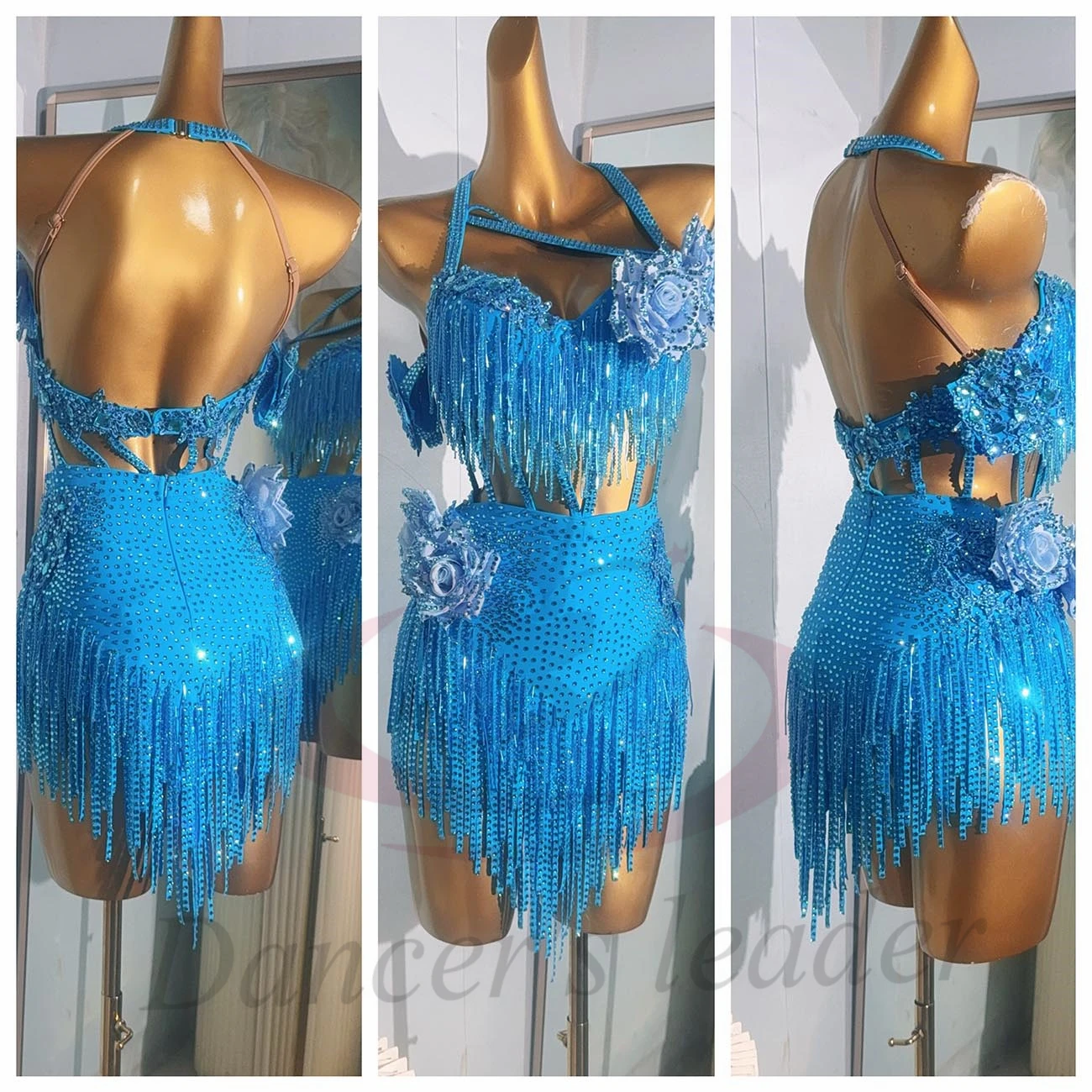 Latin Dancer, Adult, And Children'S High-End Custom Blue Handmade Flower Cha Cha Tango Rhinestone Performance Dress