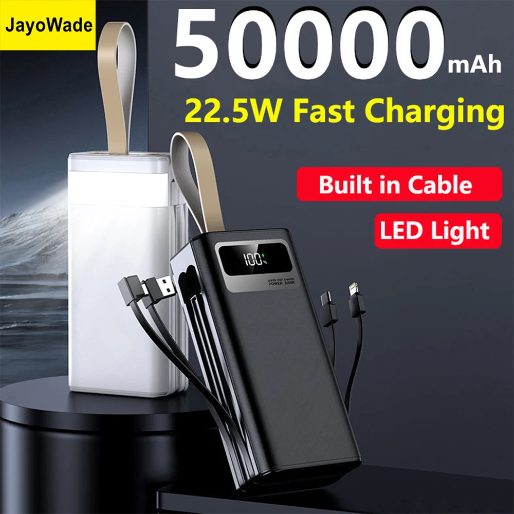 

JayoWade Power Bank 50000 мАч Встроенный кабель 22,5 Вт Быстрое зарядное устройство Powerbank Аккумулятор для iPhone Xiaomi Huawei Samsung Poverbank