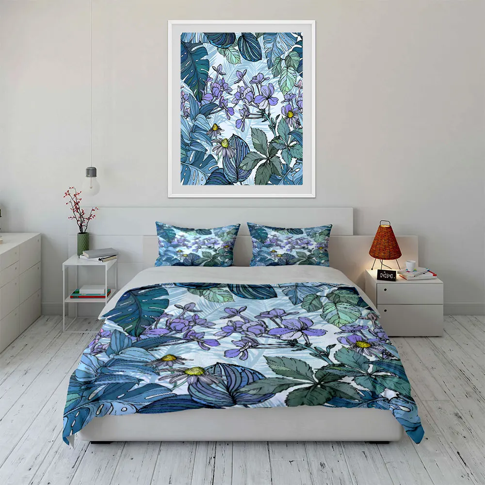 Fresh Forest Theme Tropical Plants Flowers Bedding Set for Kids Luxury Gift 3pcs Digital Print Comforter Set Soft Comfortable