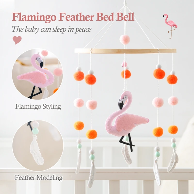 Baby Wooden Mobile Musical Bed Bell Hanging Toy 0-12Month Felt Flamingo Doll Toy Newborn Comfort Bed Bell Bracket Toys Baby Gift