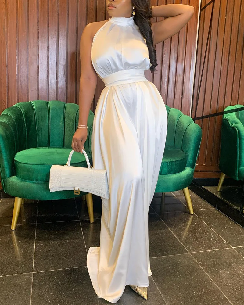 2024 Elegant Women Solid Color Sleeveless Mock Neck Wide Leg Satin Jumpsuit festival outfit damen