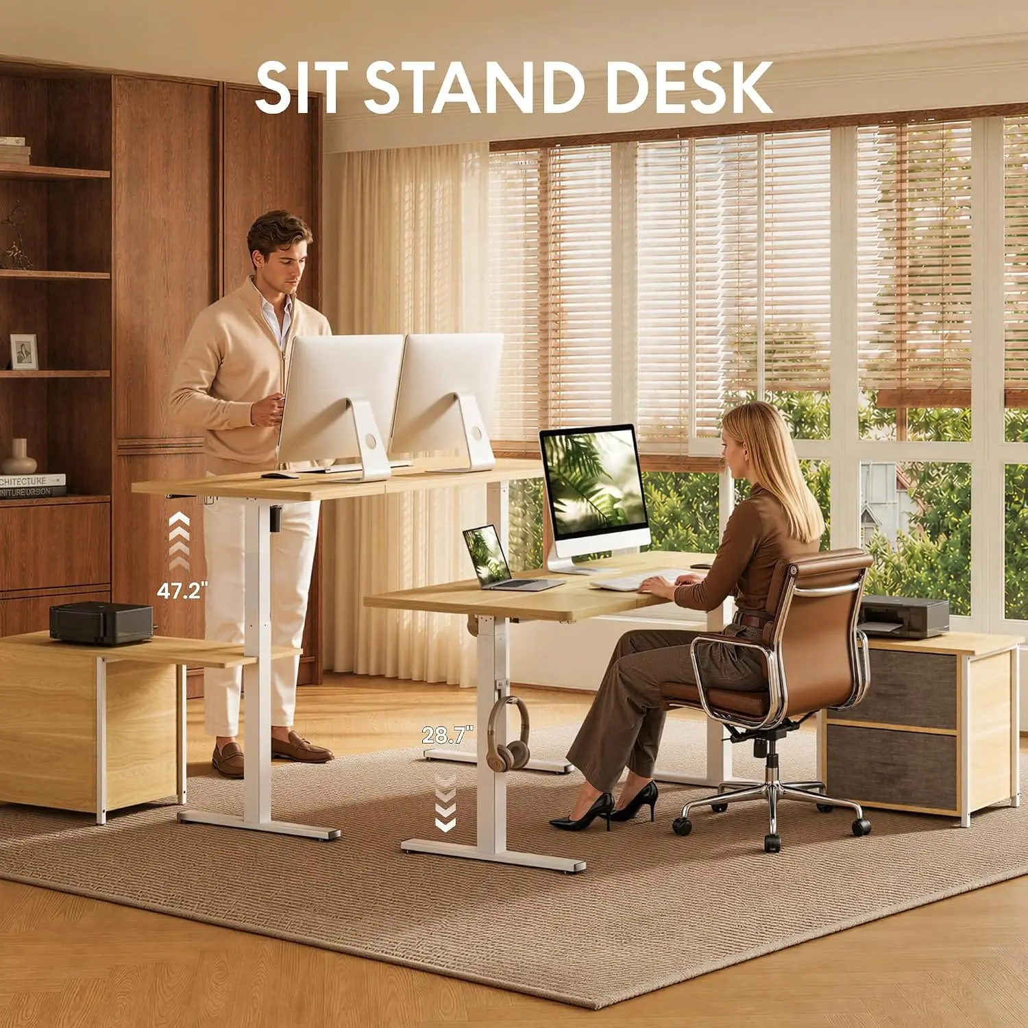 L Shaped Standing Desk with Drawers, 63 x 28