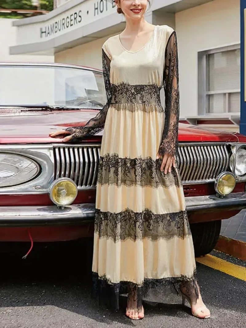 Women Long Skirt Mesh Lace Patchwork European and American Style High Waisted Long Sleeved Dress