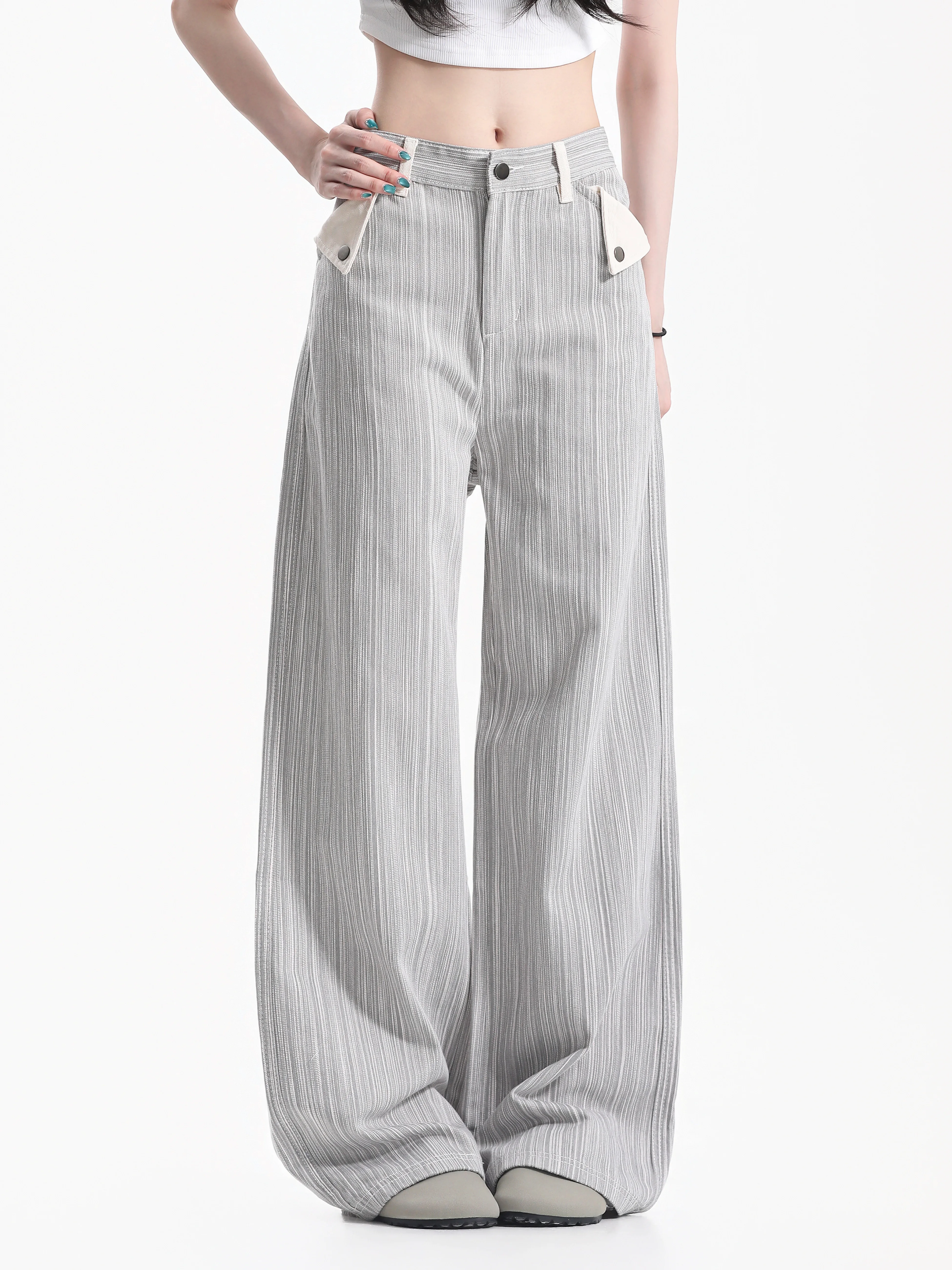 High Waist Wide Leg Denim Jeans American Style Retro Stripes Pocket Design Flip Cover Denim Pants Casual Leisure Jeans