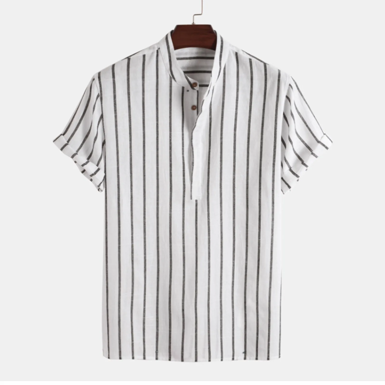 Summer Men Shirts Turn Down Collar Short Sleeve Button Loose Male Stripe Shirts Short Sleeve Stand Collar Shirt Blouse Oversized