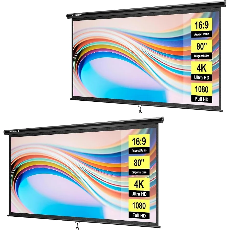 80 Inch 16:9 Pull Down Projector Screen, HD 4K Retractable Movie Screen for Indoor Home Theater and Office, Manual Projection S