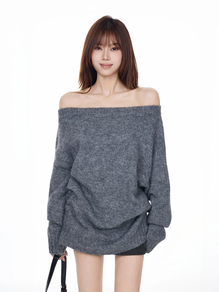 

Korean Sle Two-Way Design Sensual Slant Collar oulder Bared Knitted Sweater Women Loose Lazy Sle One-oulder Knitted Top
