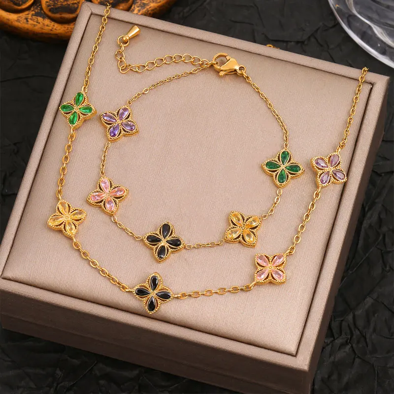 316L Stainless Steel Luxury Zircon Four-leaf Clover Necklace Bracelet Suit for Women Lucky Clover Jewelry Set Not-fading Bijoux