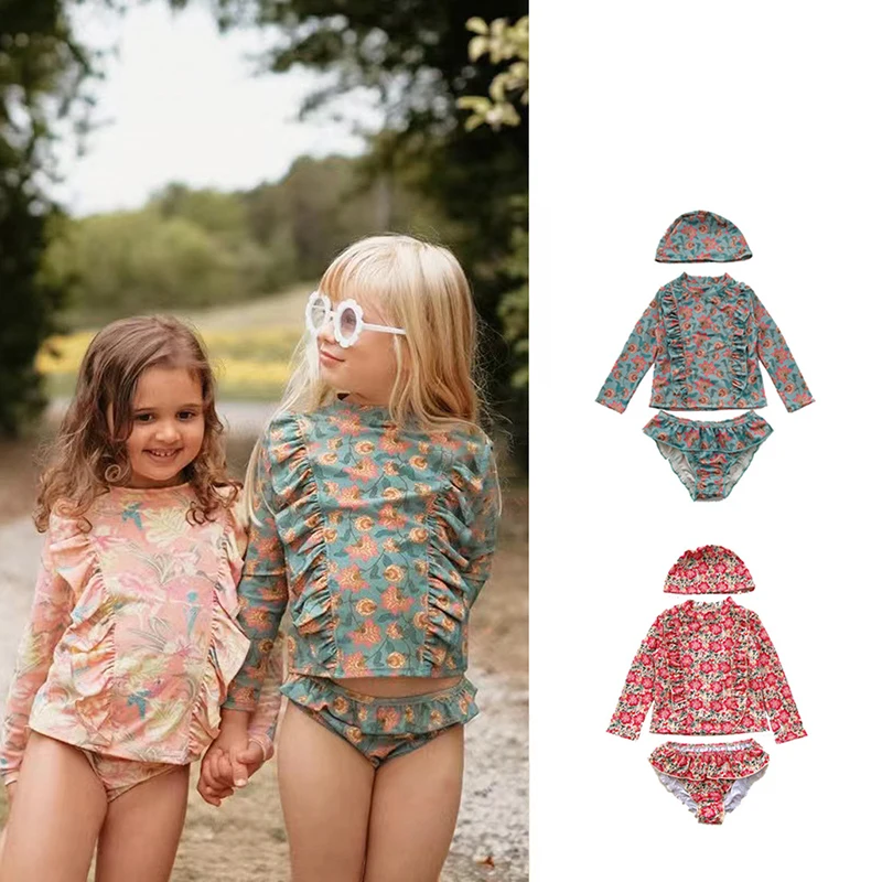 

2024 New Lovely Girls Shivering Long Sleeved Sunscreen Swimsuit Children's Split Swimsuit Set