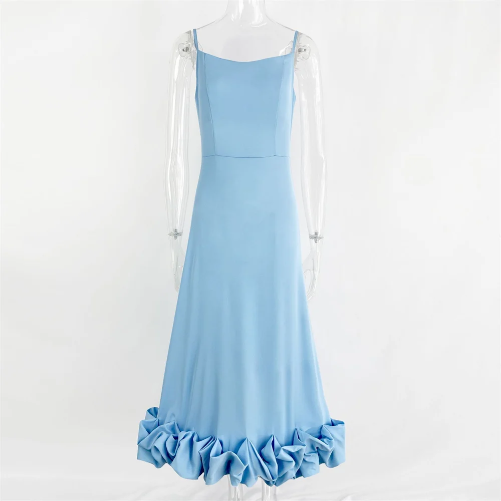 Women Flower Hem Pleated Spaghetti Strap Dress Elegant Solid Sleeveless A-line Backless Dress Female Party Vestidos