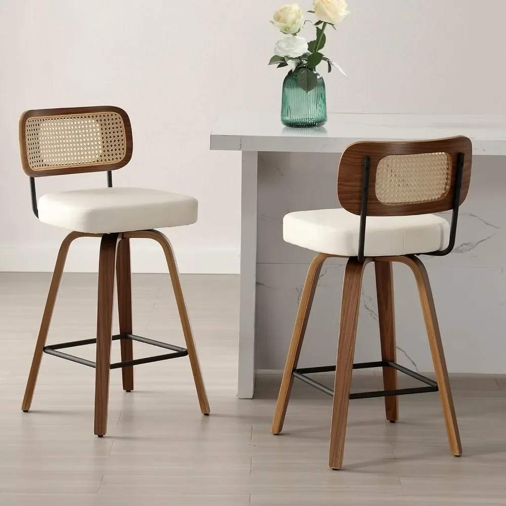 

Swivel Counter Height Bar Stools Set of 2, Upholstered Faux Leather Barstools with Rattan Back, Chairs