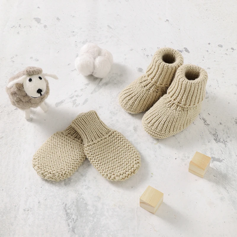 Baby Shoes +Gloves Set Knit Newborn Boy Girl Boots +Mitten 0-18M Toddler Infant Clothes Accessory Cute Solid Color 2PC Handmade