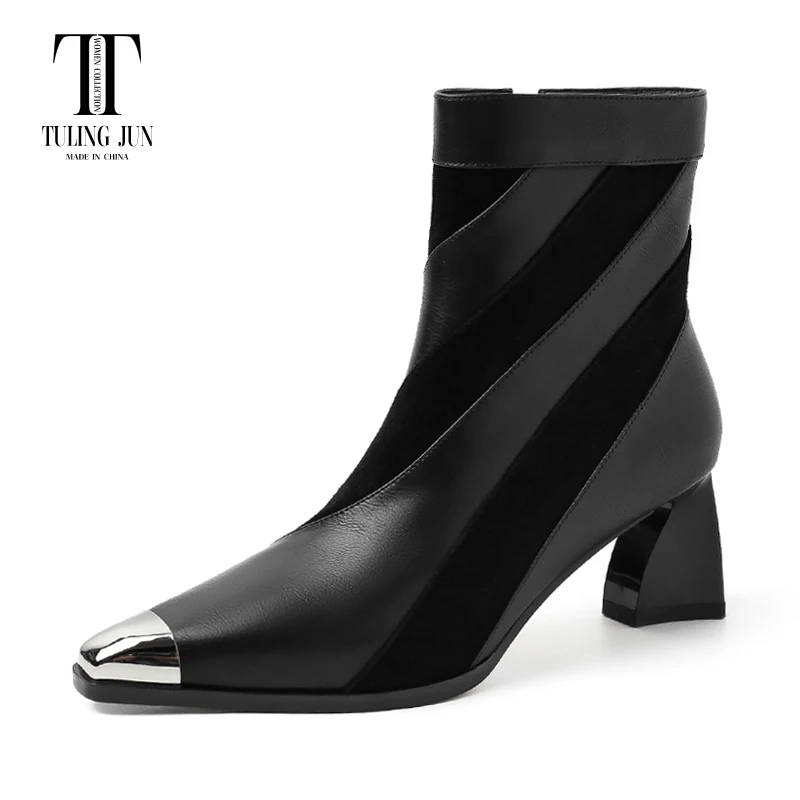 TULING JUN 2024 Winter Concise Famale Square Head High Heels Shoes Solid Color Elegant Zip Ankle Boots For Womens T-A3989