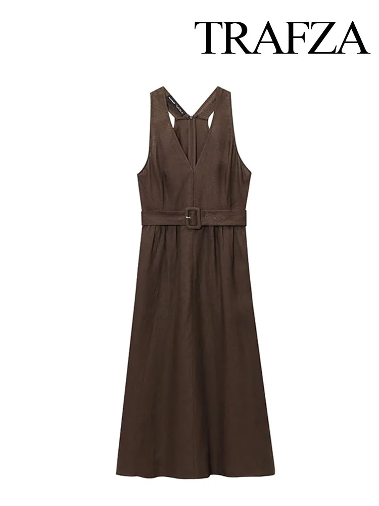 

HH Women Summer Elegant Slim Sexy Sleeveless Long Dresses Solid V-Neck Belt Decoration Zipper Women's New Fashion Dress
