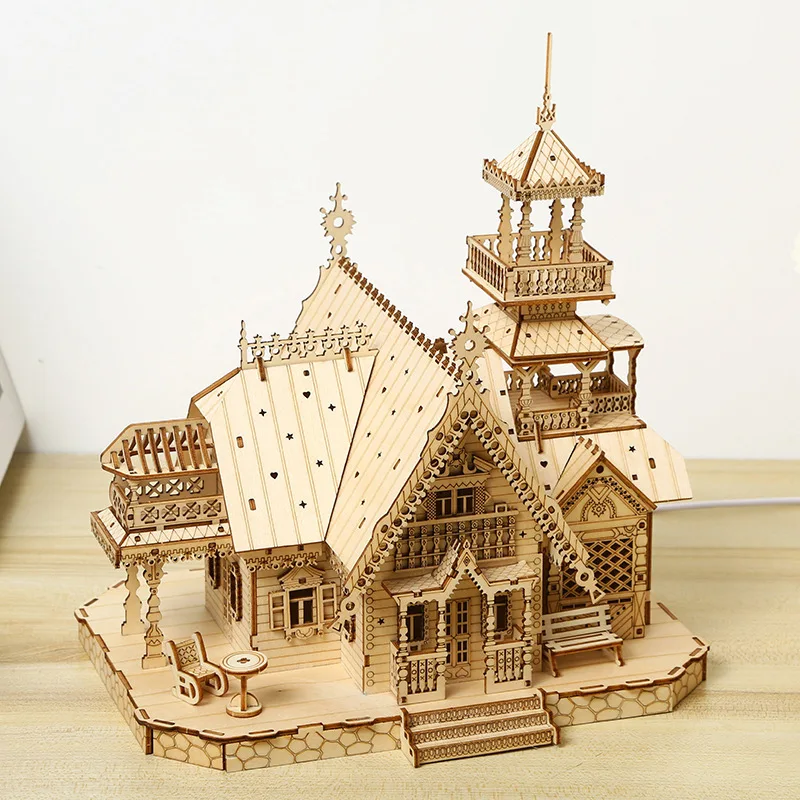 3D Wooden Puzzle Villa House Royal Castle with Light Assembly Toy Kid Adult DIY Model Kits Desk Decoration for Gift G223